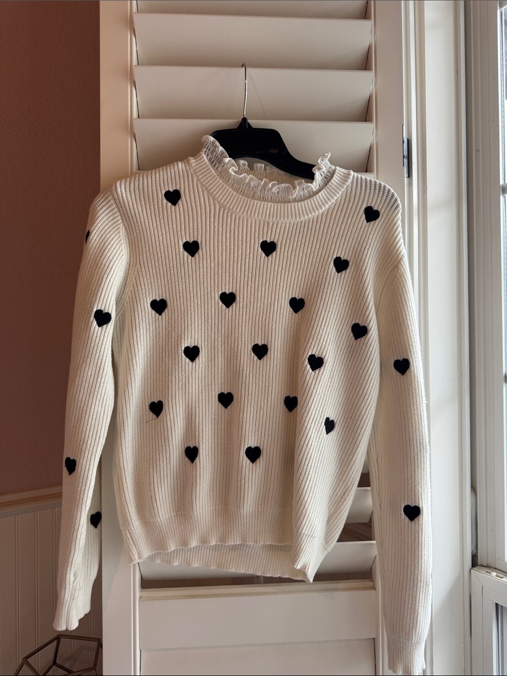 Anthropologie Cream Sweater with Black Heart Motif